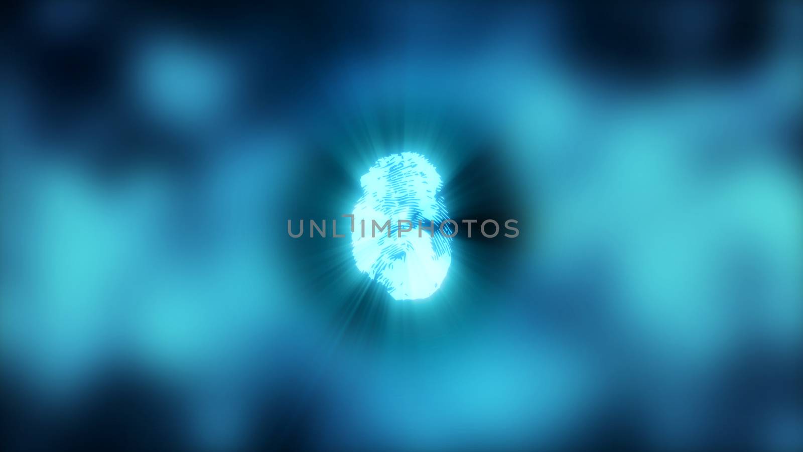 Abstract background with fingerprint. Digital illustration on blue bokeh backdrop. 3d rendering