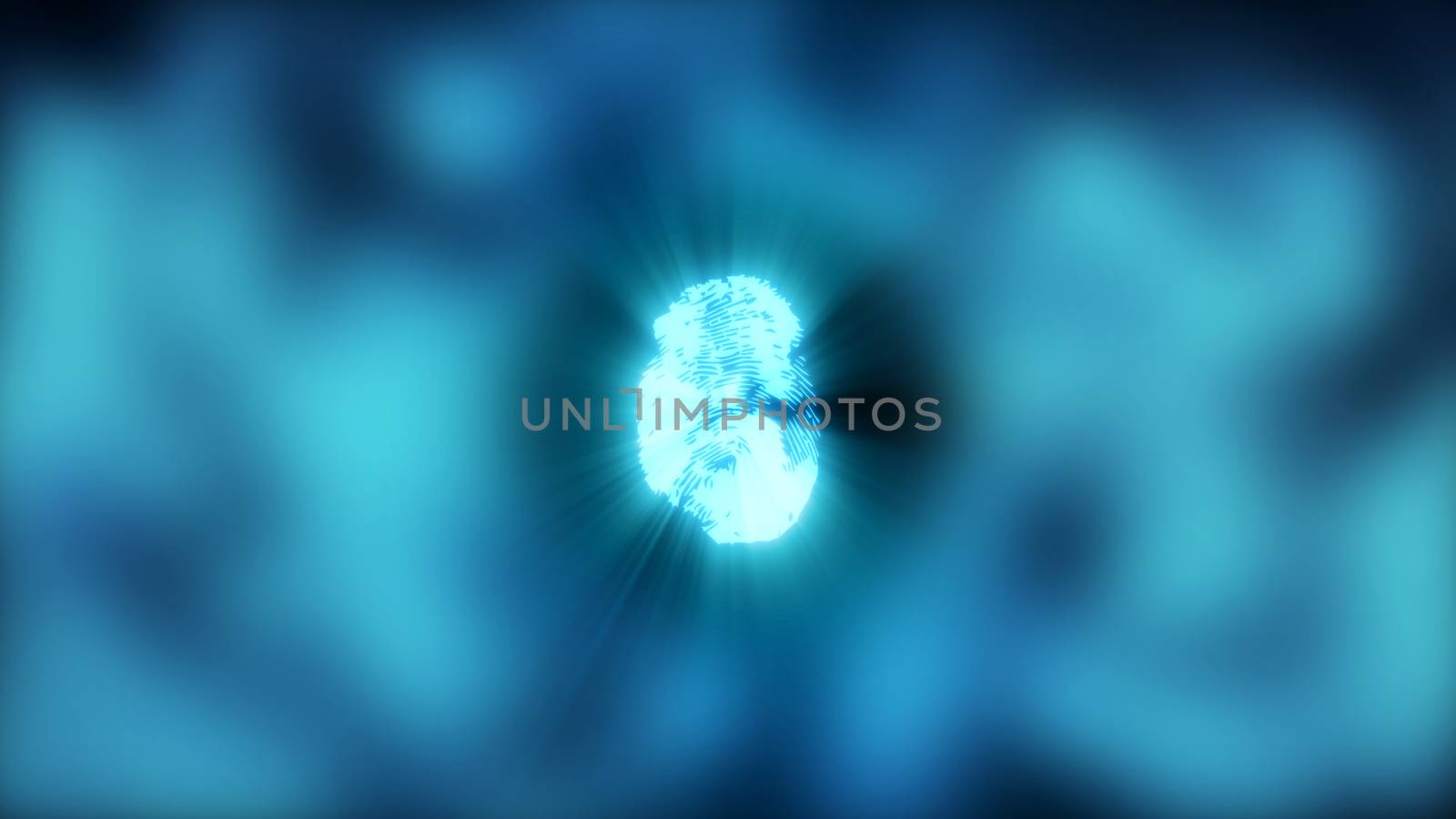 Abstract background with fingerprint. Digital illustration on blue bokeh backdrop. 3d rendering