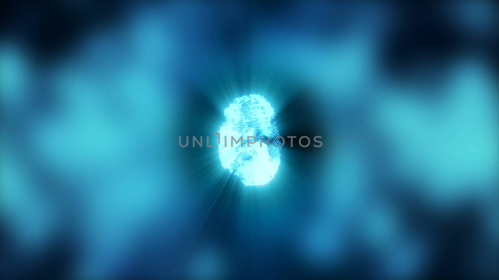 Abstract background with fingerprint. Digital illustration on blue bokeh backdrop. 3d rendering