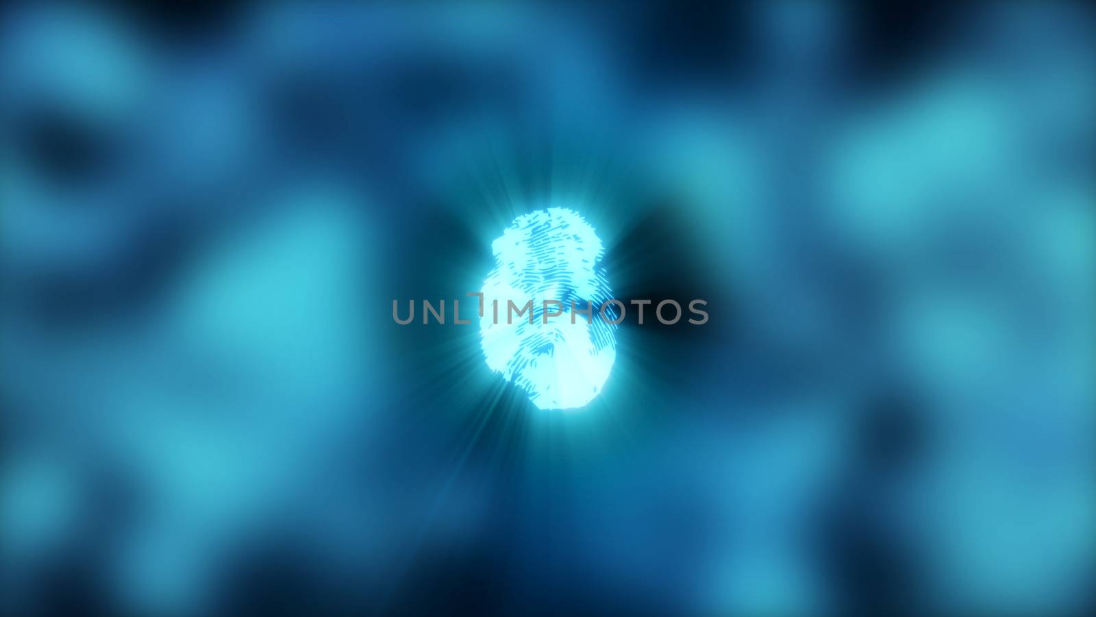 Abstract background with fingerprint. Digital illustration on blue bokeh backdrop. 3d rendering