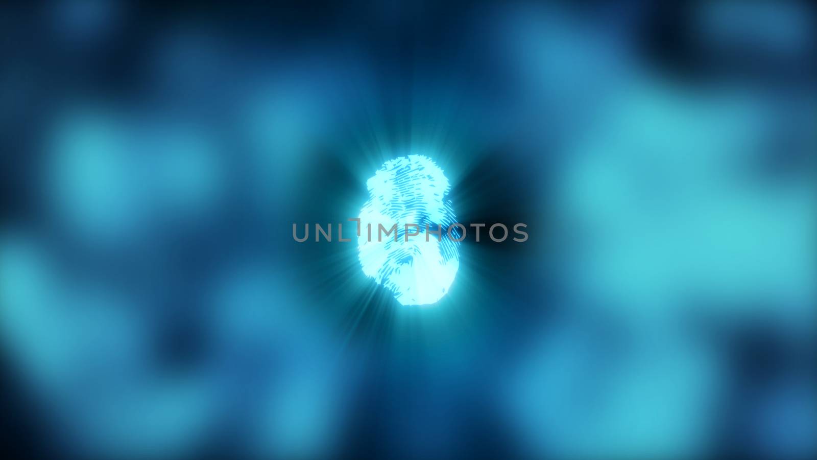 Abstract background with fingerprint. Digital illustration on blue bokeh backdrop. 3d rendering