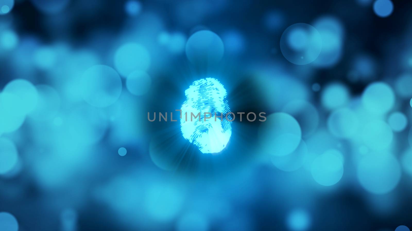 Abstract background with fingerprint. Digital illustration on blue bokeh backdrop. 3d rendering