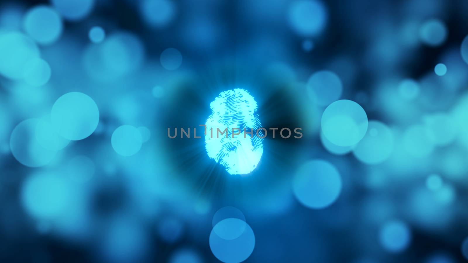 Abstract background with fingerprint. Digital illustration on blue bokeh backdrop. 3d rendering