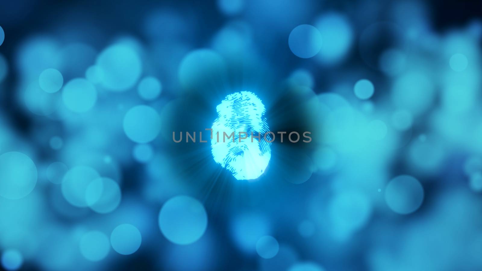 Abstract background with fingerprint. Digital illustration on blue bokeh backdrop. 3d rendering