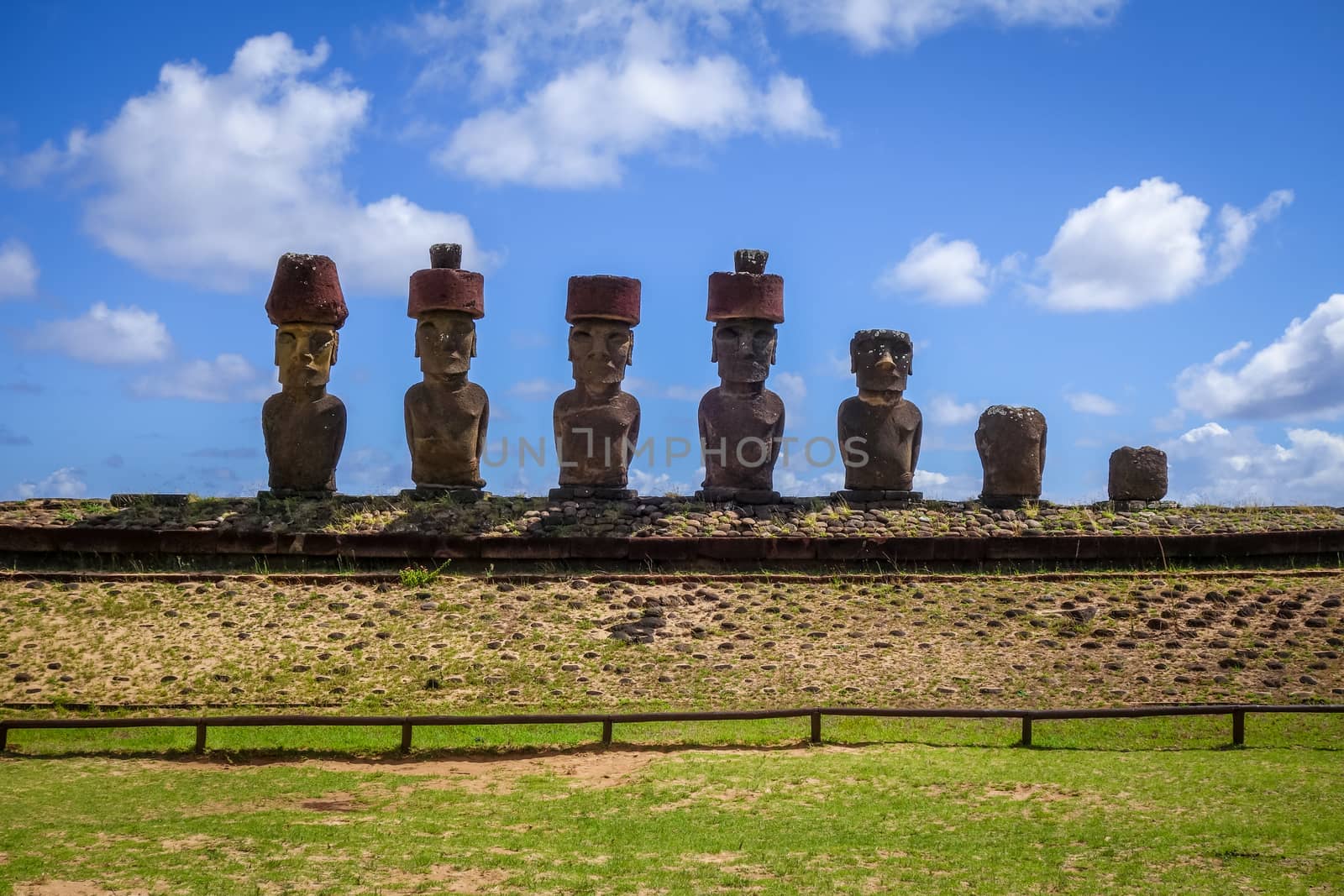 Moais statues site ahu Nao Nao on anakena beach, easter island by daboost