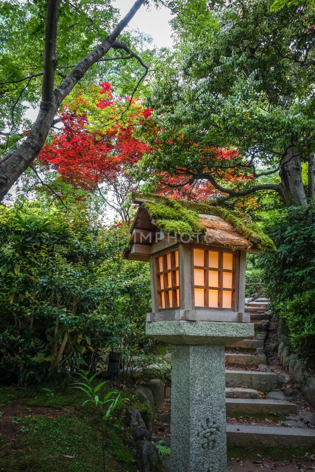 Lamp in Jojakko-ji Shrine temple, Arashiyama bamboo forest, Kyoto, Japan