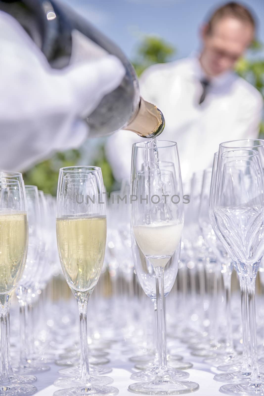 Pouring champagne into glasses by asafaric