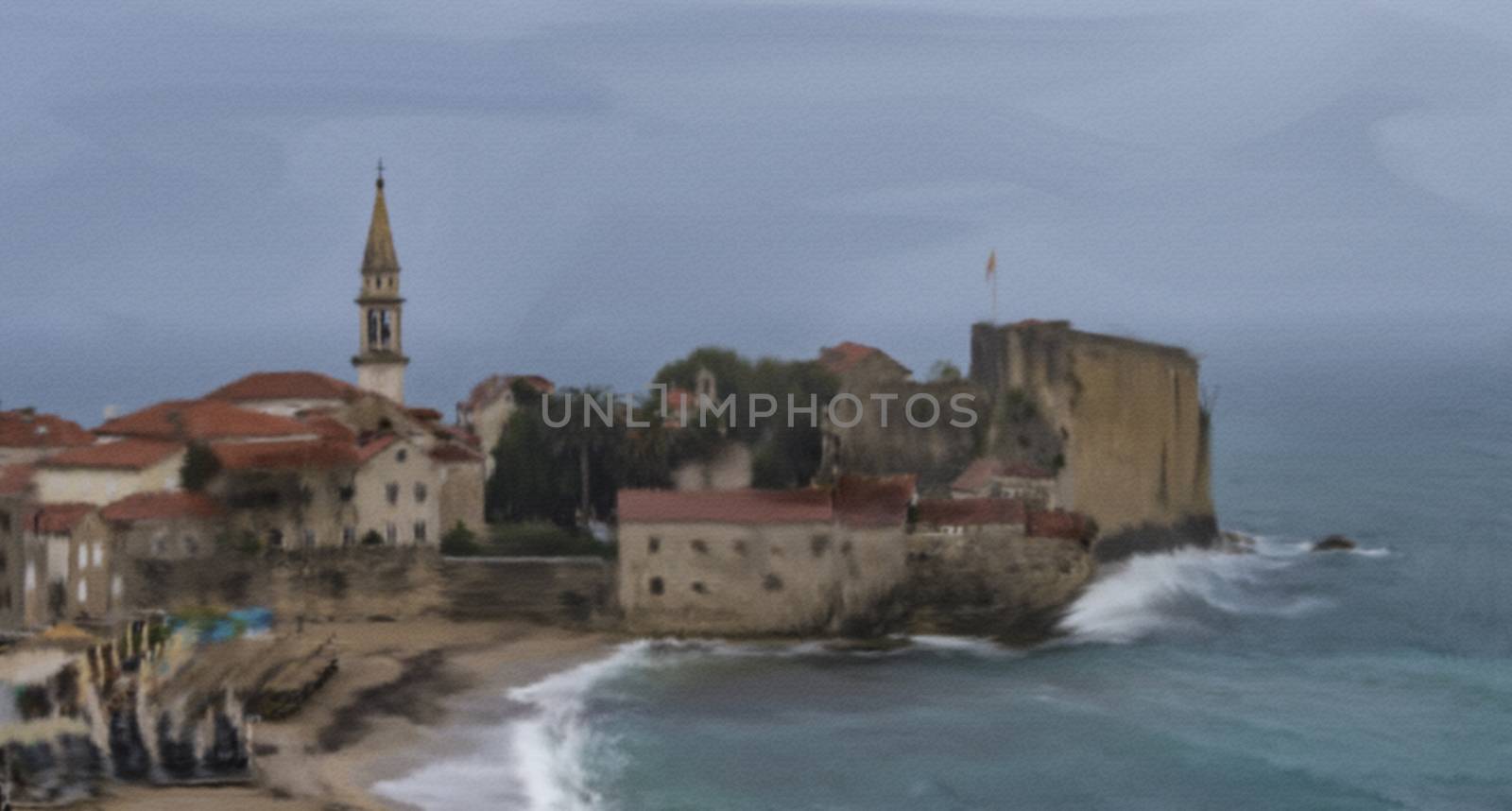 A rainy morning in Budva provided a unique and clear view over the old town with Sv. Ivan church and city citadel with fortified walls without seeing the usual mountains in the background, that were hidden behind the rain curtain