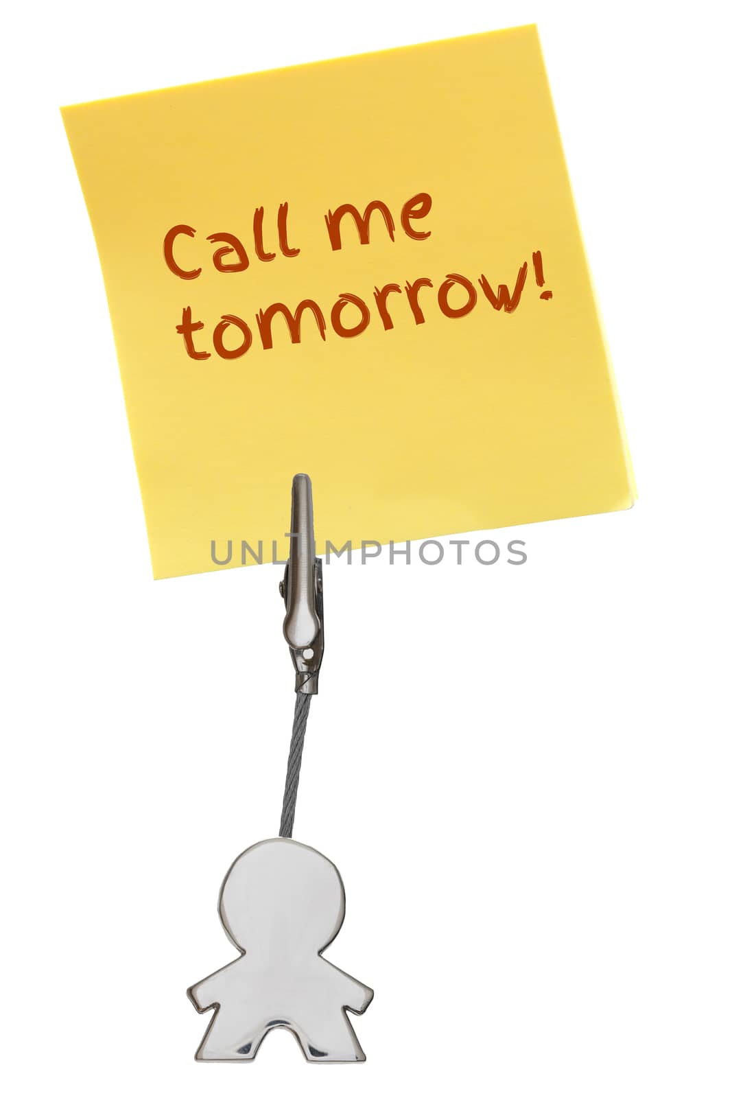 Man Figure Business Card Holder with clip holding a yellow paper note Call me tomorrow; isolated on white background, customizable