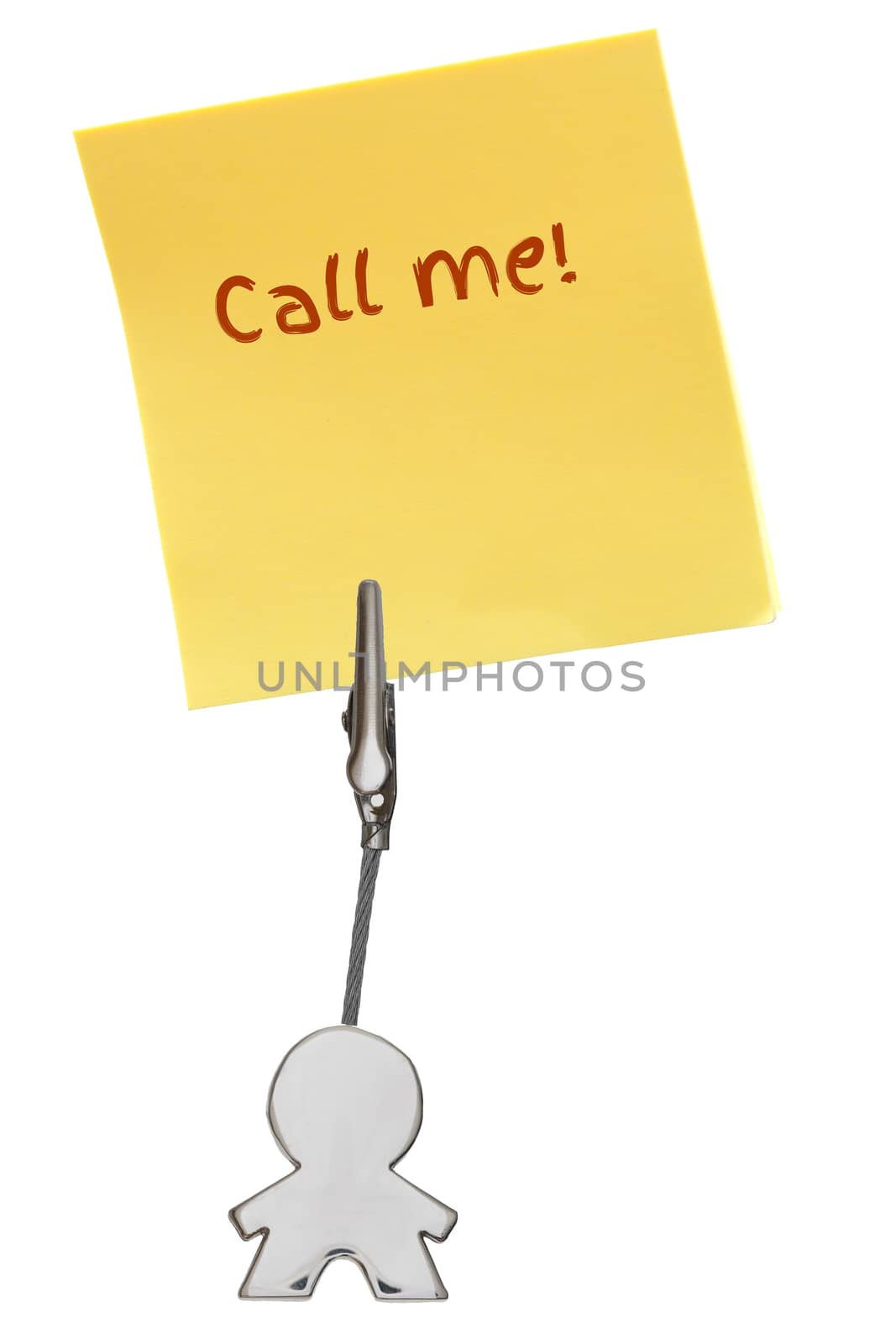 Man Figure Business Card Holder with clip holding a yellow paper note Call me; isolated on white background, customizable