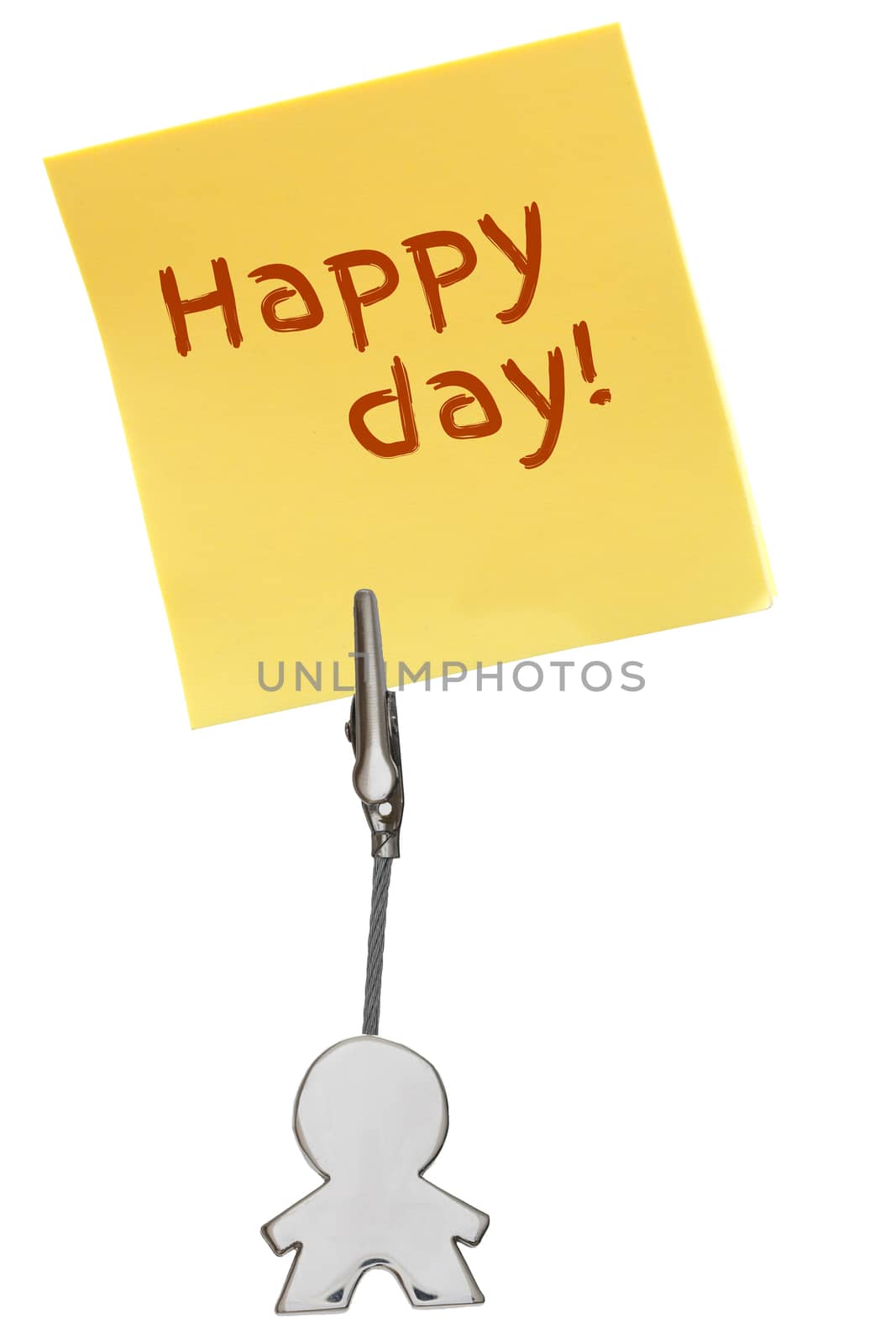 Man Figure Business Card Holder with clip holding a yellow paper note HAPPY DAY; isolated on white background, customizable