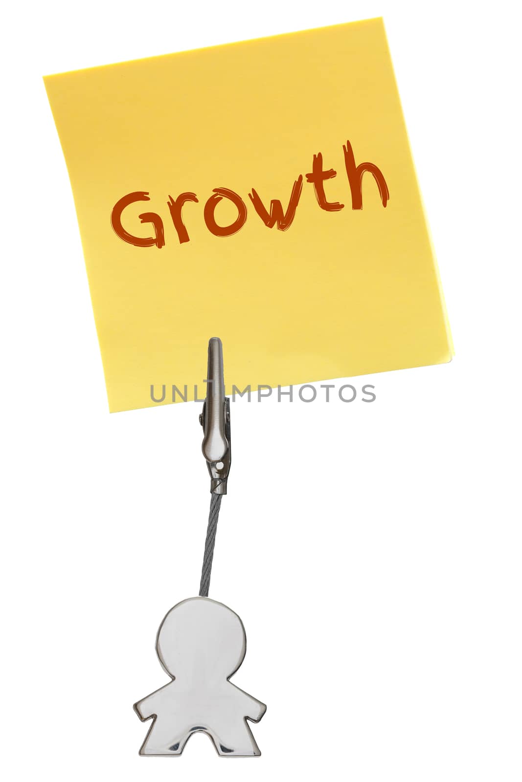 Man Figure Business Card Holder with clip holding a yellow paper note GROWTH; isolated on white background, customizable