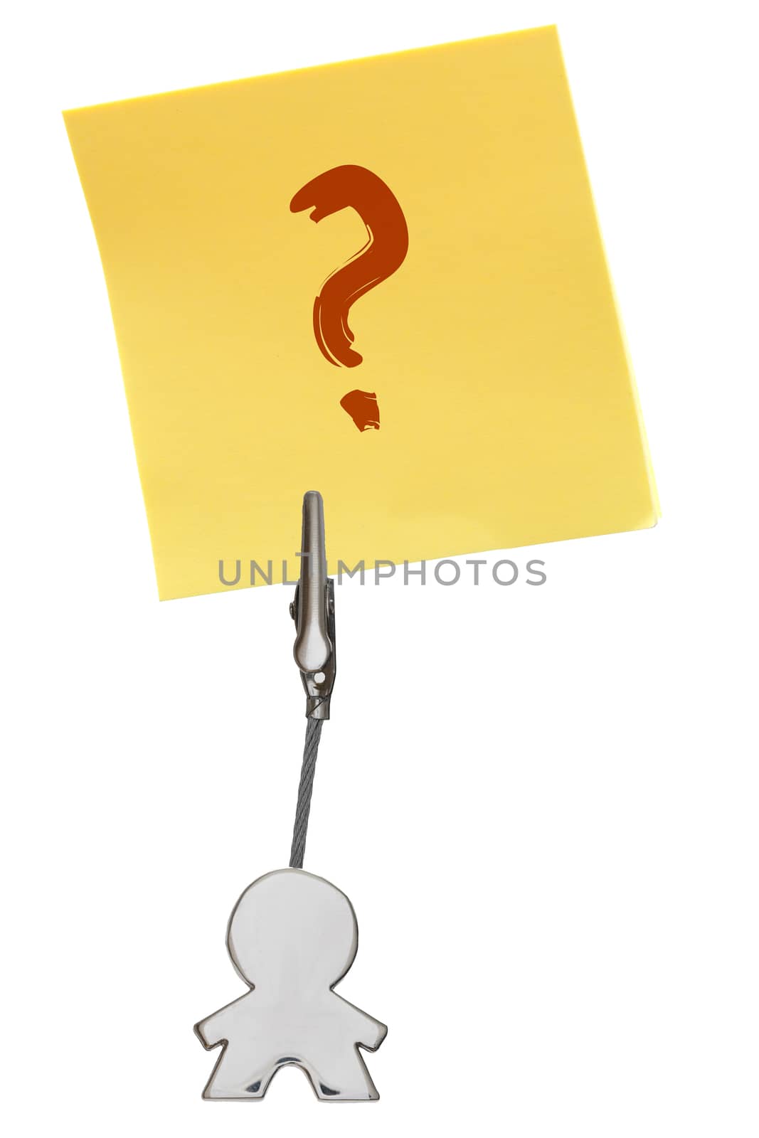 Man Figure Business Card Holder with clip holding a yellow paper note QUESTIONMARK; isolated on white background, customizable