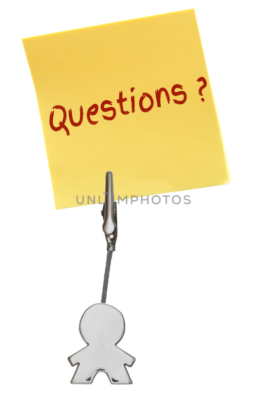 Man Figure Business Card Holder with clip holding a yellow paper note QUESTIONS; isolated on white background, customizable