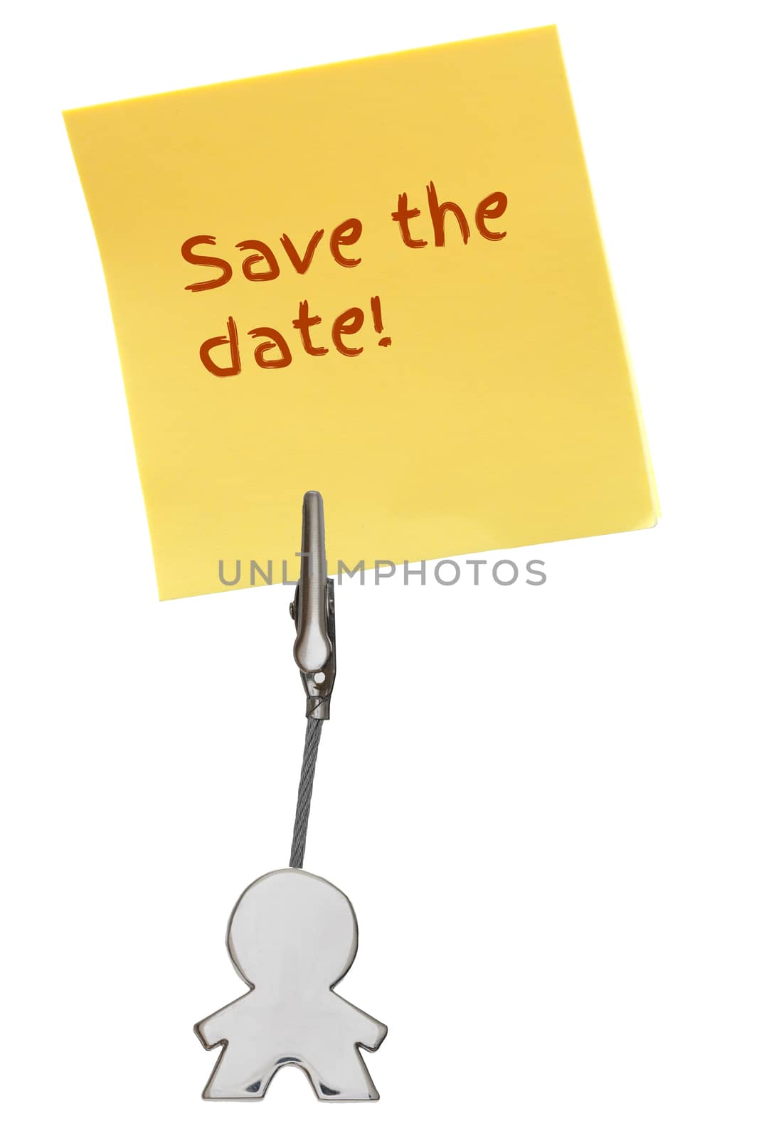 Man Figure Business Card Holder with clip holding a yellow paper note SAVE THE DATE; isolated on white background, customizable