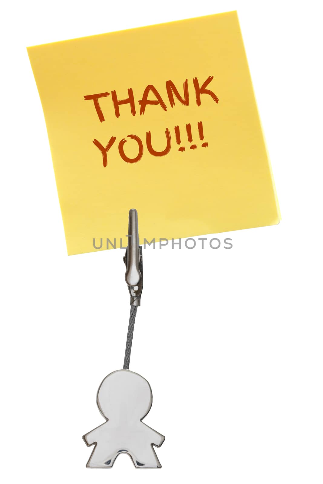 Man Figure Business Card Holder with clip holding a yellow paper note THANK YOU; isolated on white background, customizable