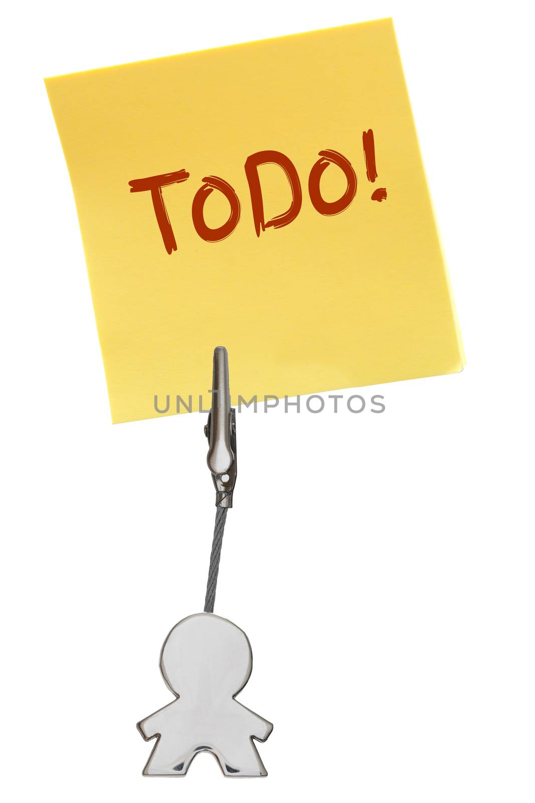 Man Figure Business Card Holder with clip holding a yellow paper note ToDo; isolated on white background, customizable