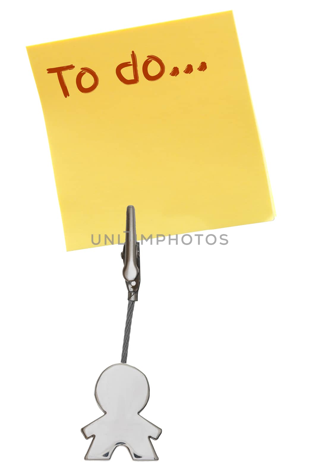 Man Figure Business Card Holder with clip holding a yellow paper note To Do; isolated on white background, customizable