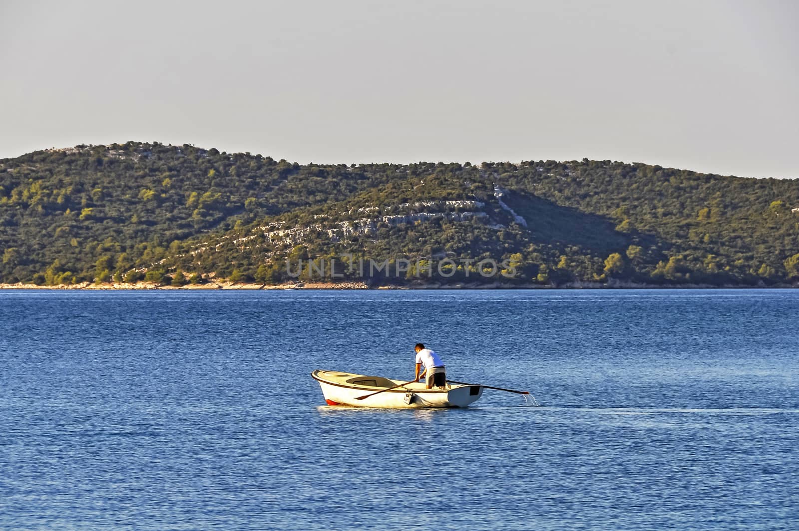 A young man practicing rowing in a traditional boat early in the morning, facing away from the viewer