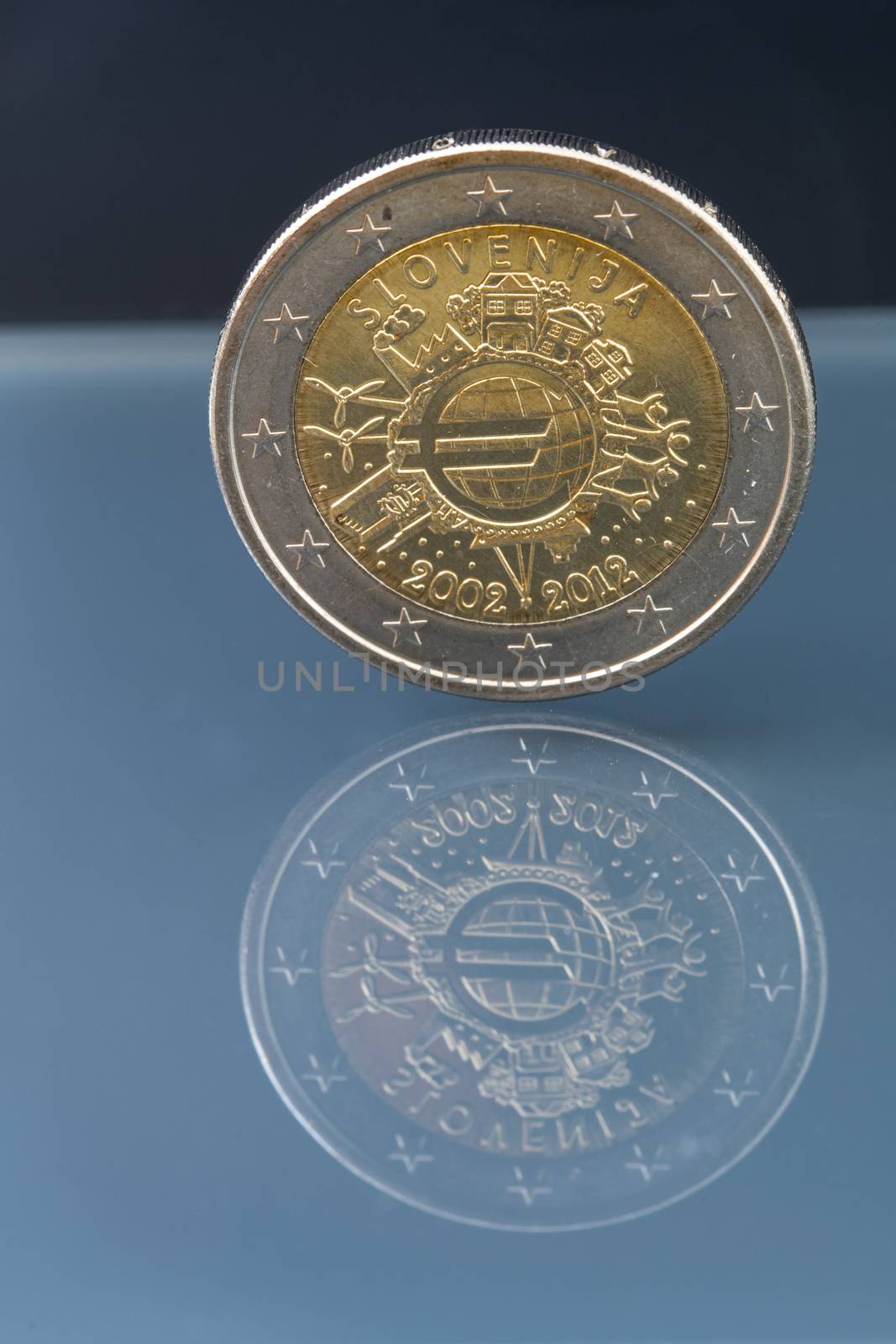 Commemorative 2 EUR coin issued to celebrate the 10th anniversary of Euro as currency, coin issued by Slovenia