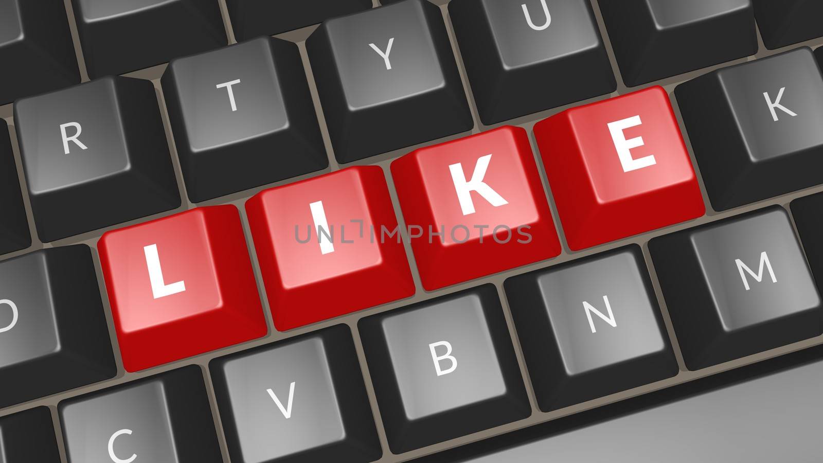 Word Like on black keyboard. Computer key showing the word Like. Professional expert icon. 3D illustration