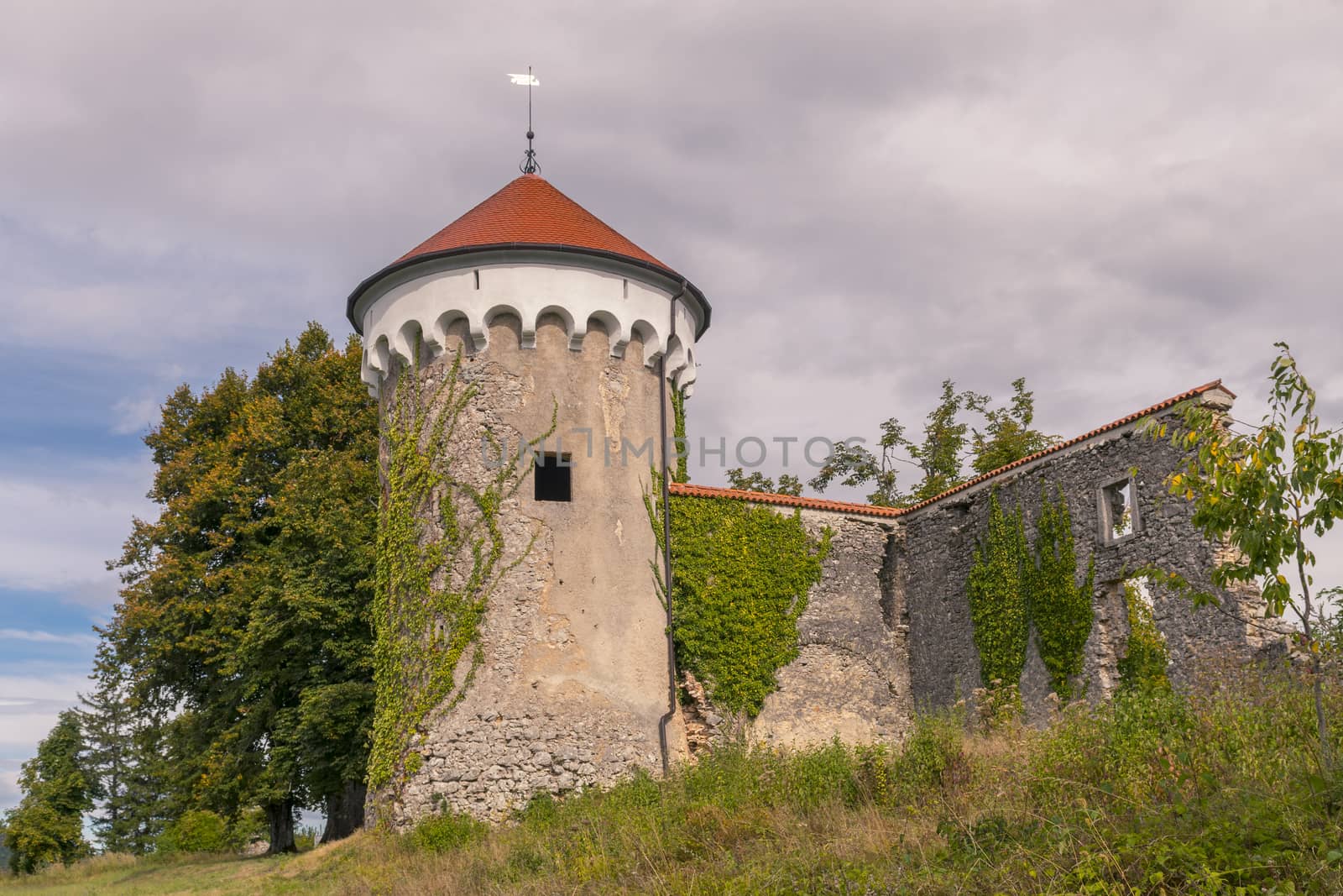 Watchtower and medieval ruins of Kalc (Kalec) castle, Pivka, Slovenia. The castle was built around 1620, today only the tower and ruins of an outbuilding remain.