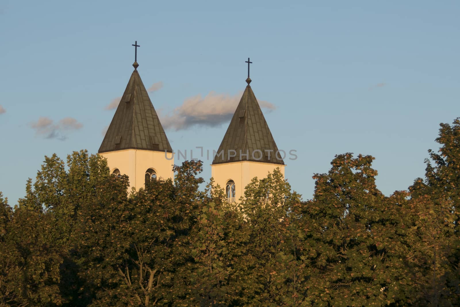 Twin steeples of a catholic church erecting behind trees in sunset