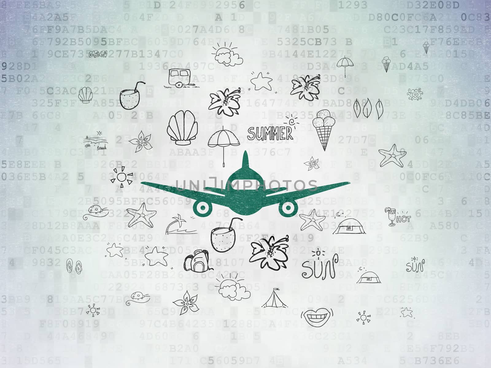 Tourism concept: Painted green Aircraft icon on Digital Data Paper background with  Hand Drawn Vacation Icons