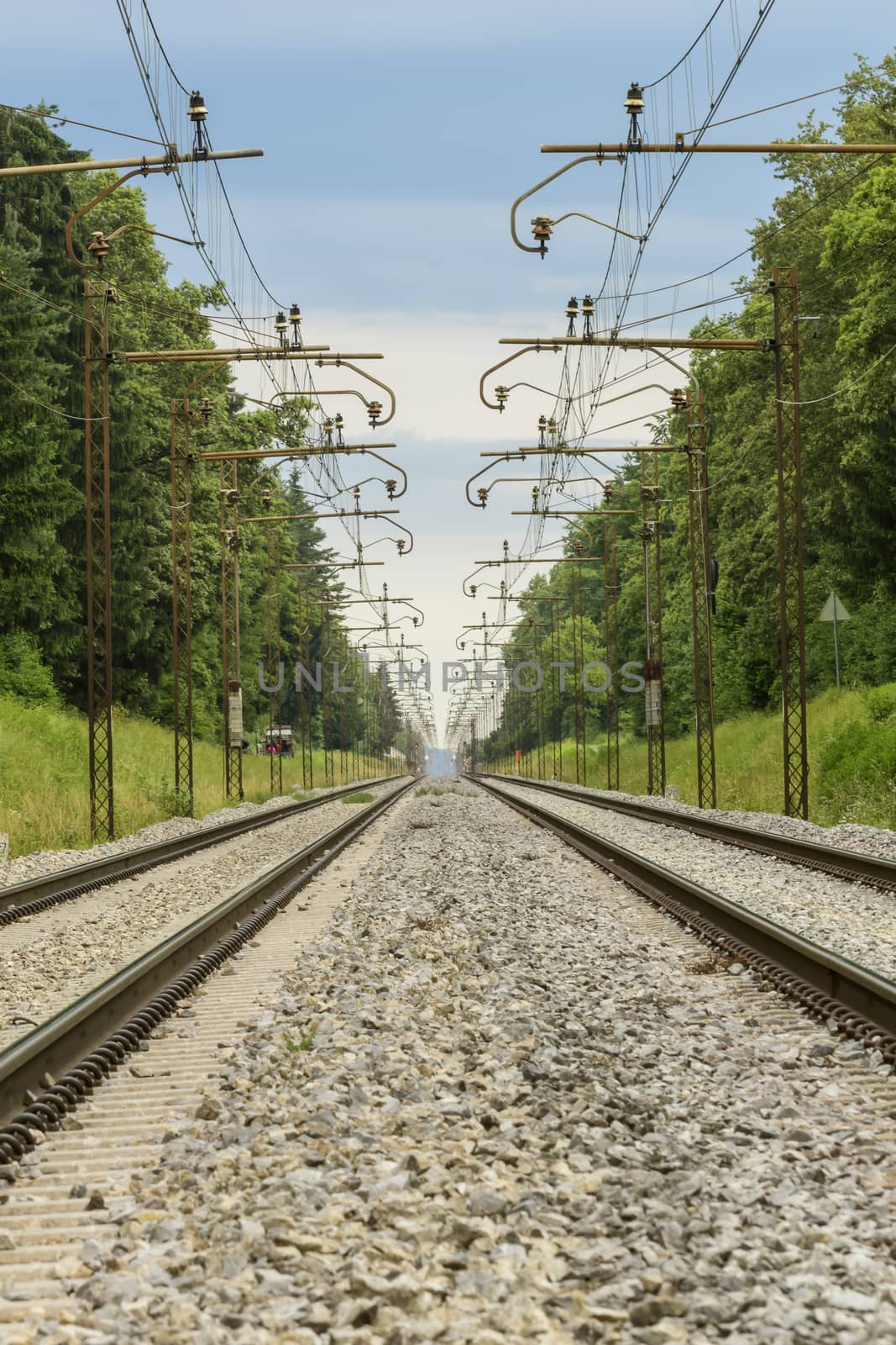 Two parallel railroad tracks converging on the horizon