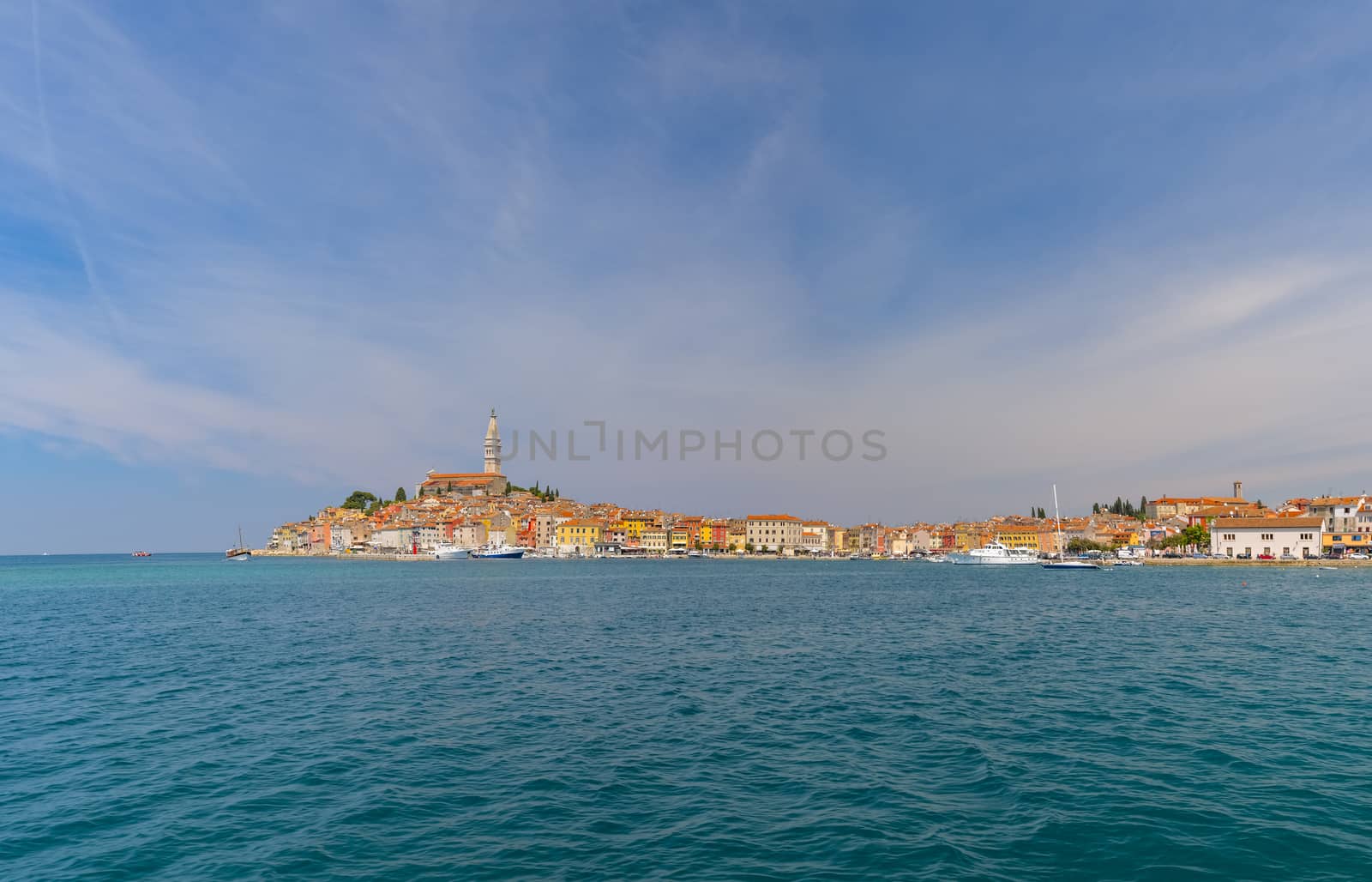 Rovinj, Croatia - May 1, 2017: unique view on the medieval tovn of Rovinj as seen from the sea