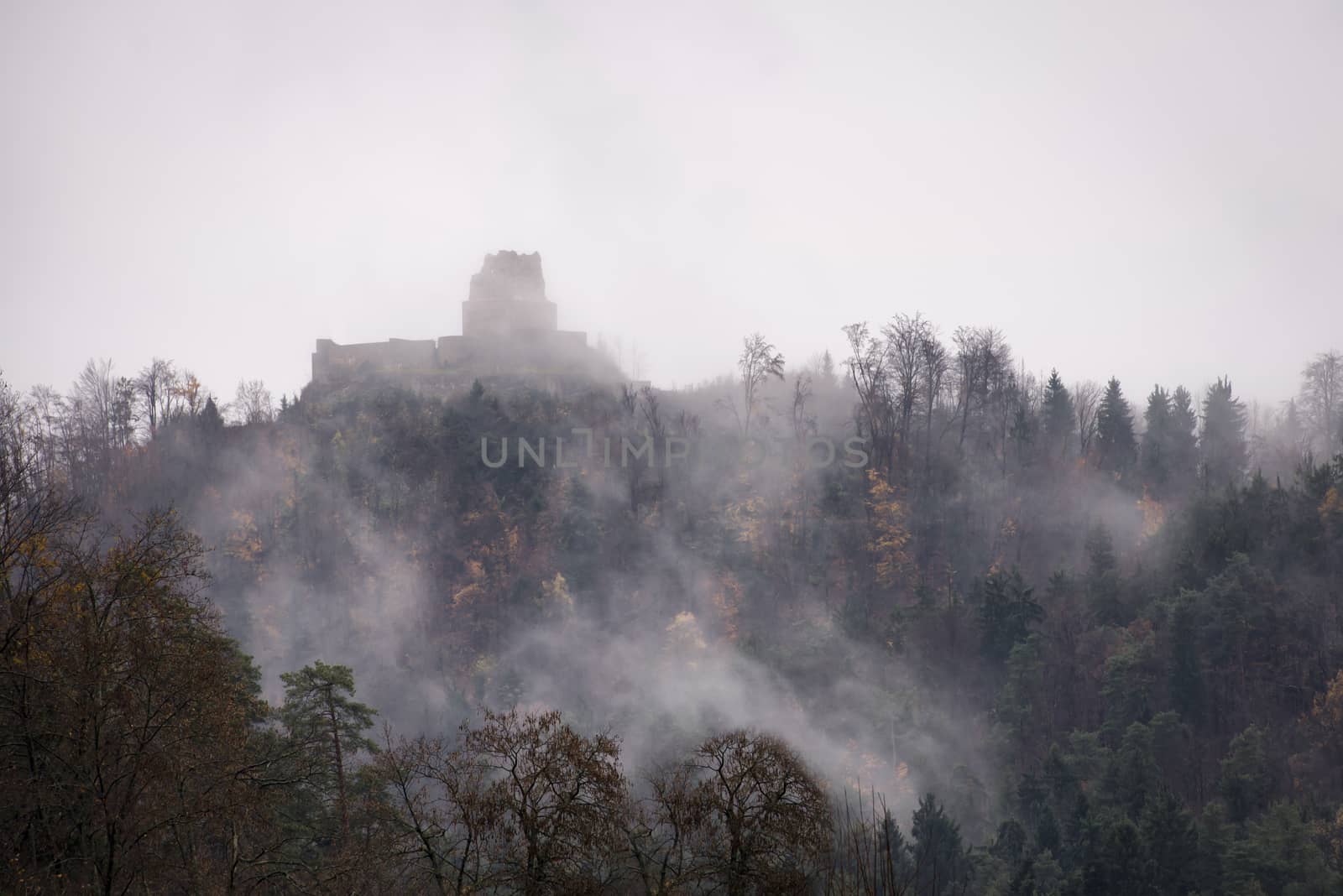 Mysterious medieval castle ruins in fog on top of hill by asafaric