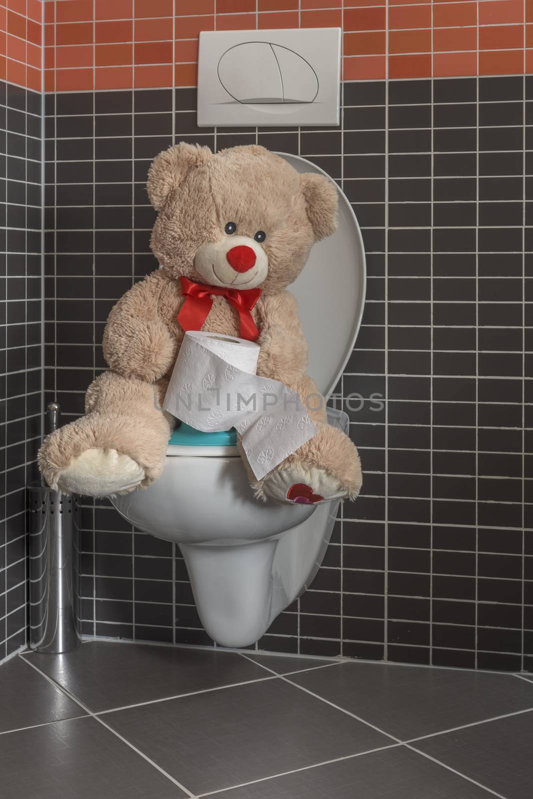 Toy teddy bear sitting on WC toilet bowl in bathroom, holding a roll of toilet paper, family care, early childhood, early childhood, potty toilet training - teaching