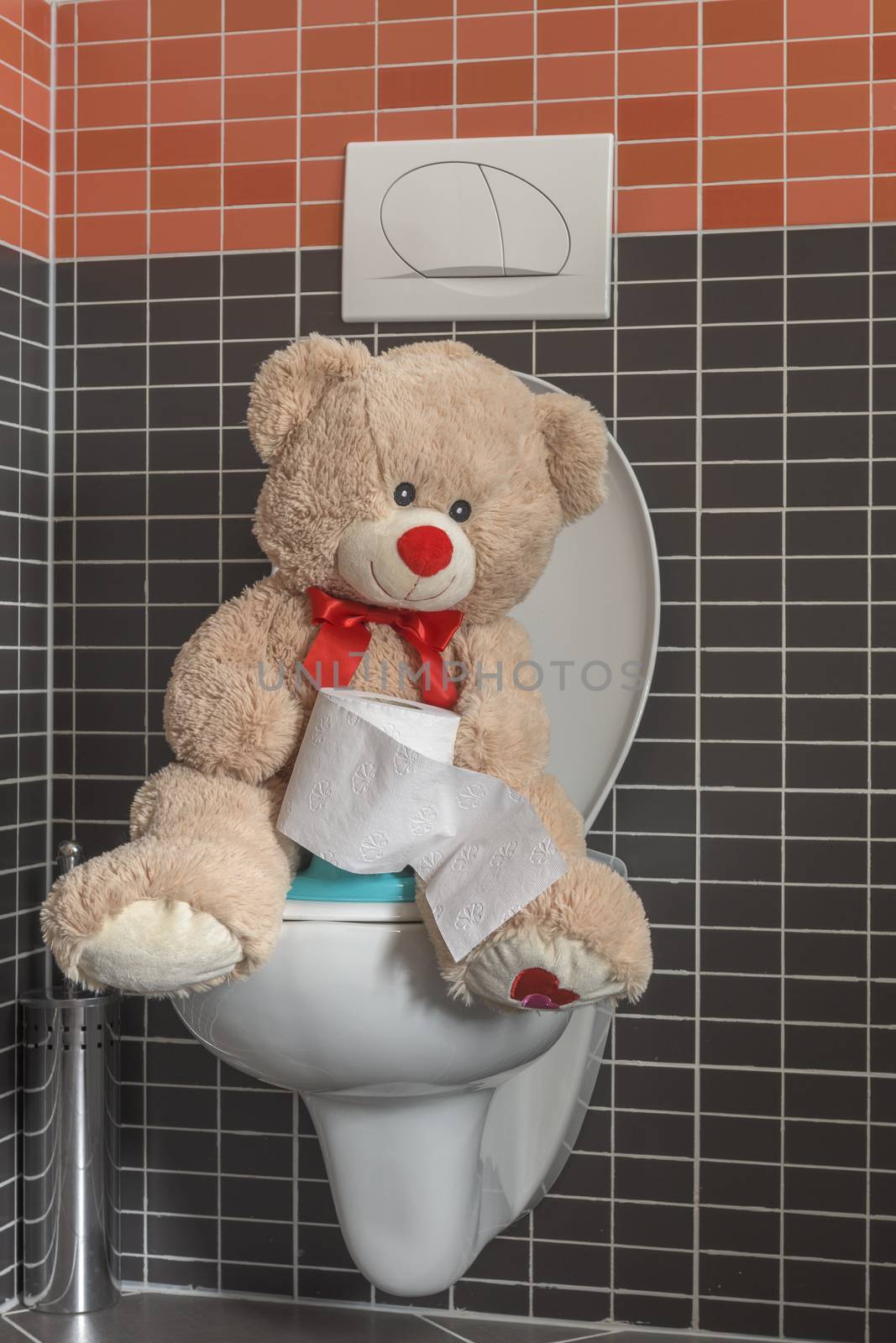 Toy teddy bear sitting on WC toilet bowl in bathroom, kids potty by asafaric