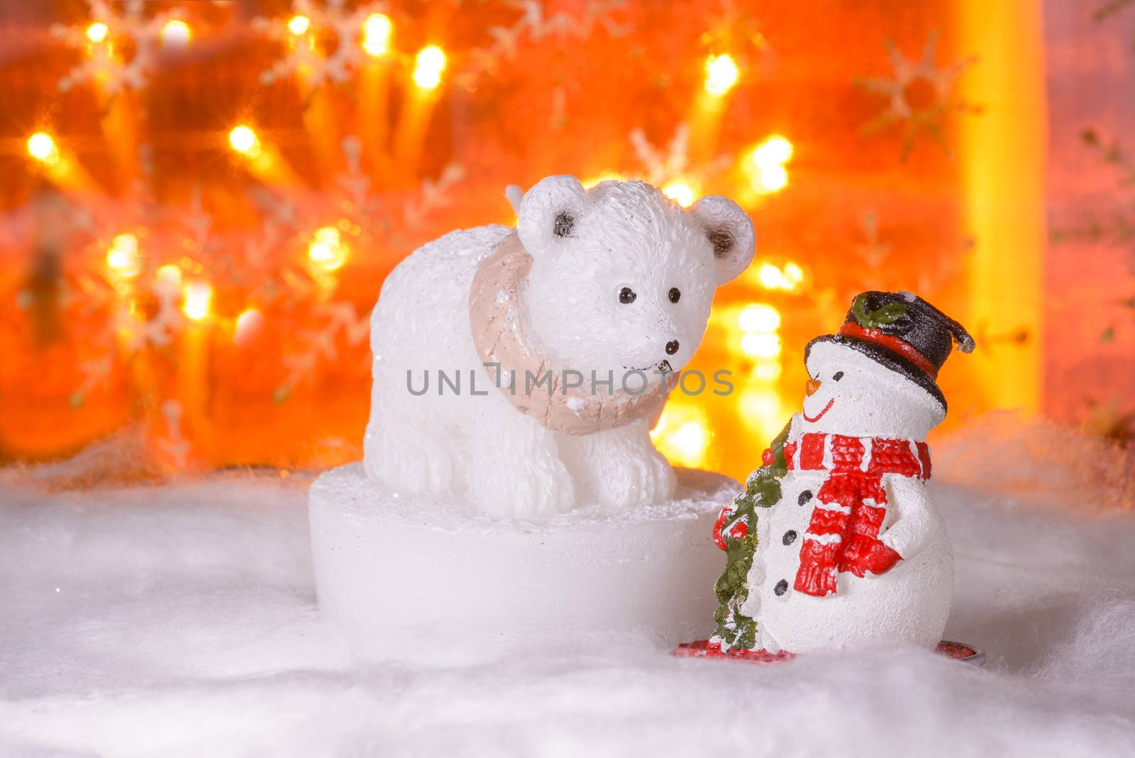 Snowman with polar bear, Happy New Year 2017, Christmas, bright defocused lights in background