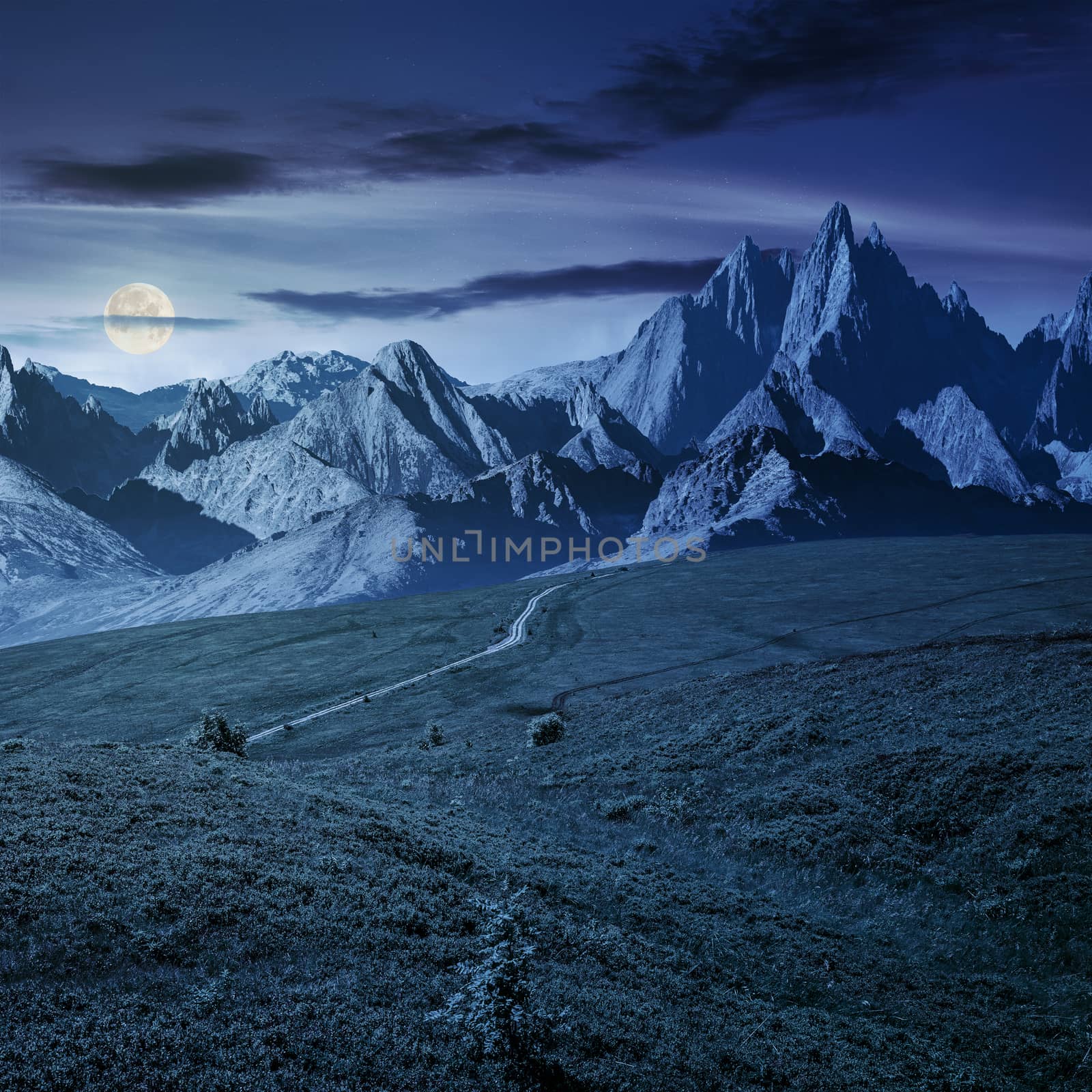 grassy slopes and rocky peaks composite at night by Pellinni