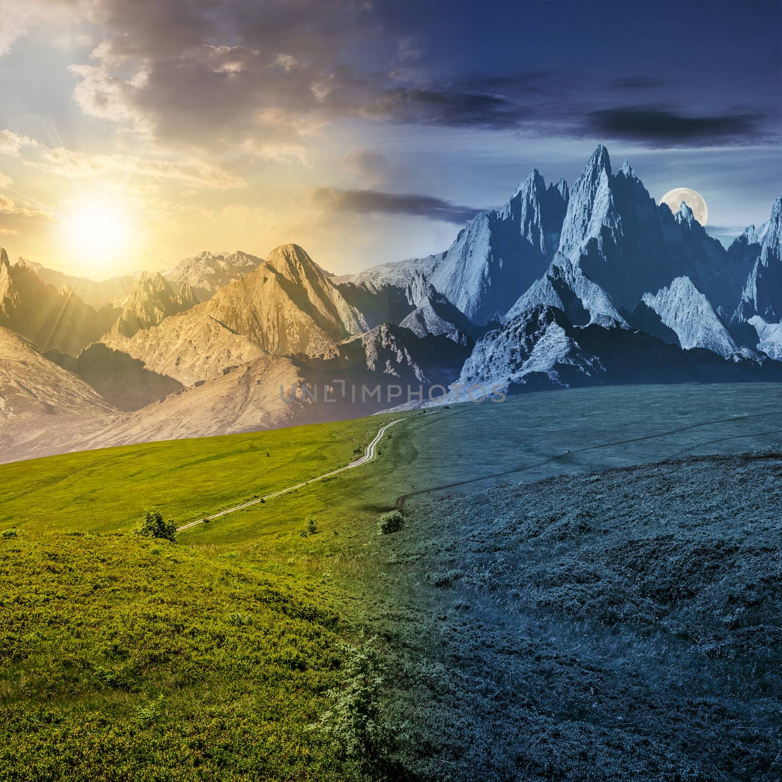day and night time change concept. grassy slopes and rocky peaks composite. gorgeous summer landscape with magnificent mountain ridge over the pleasing green meadows. lovely surreal fantasy scenery