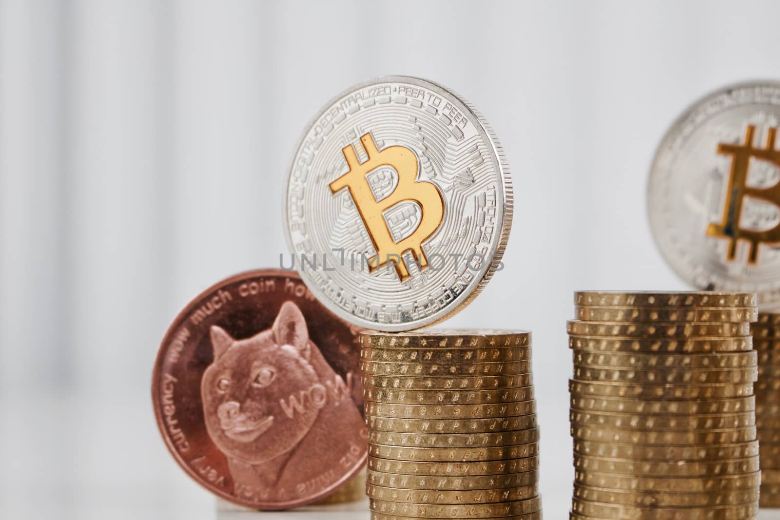 Digital currency physical silver bitcoin coin on the gold money near dogecoin.