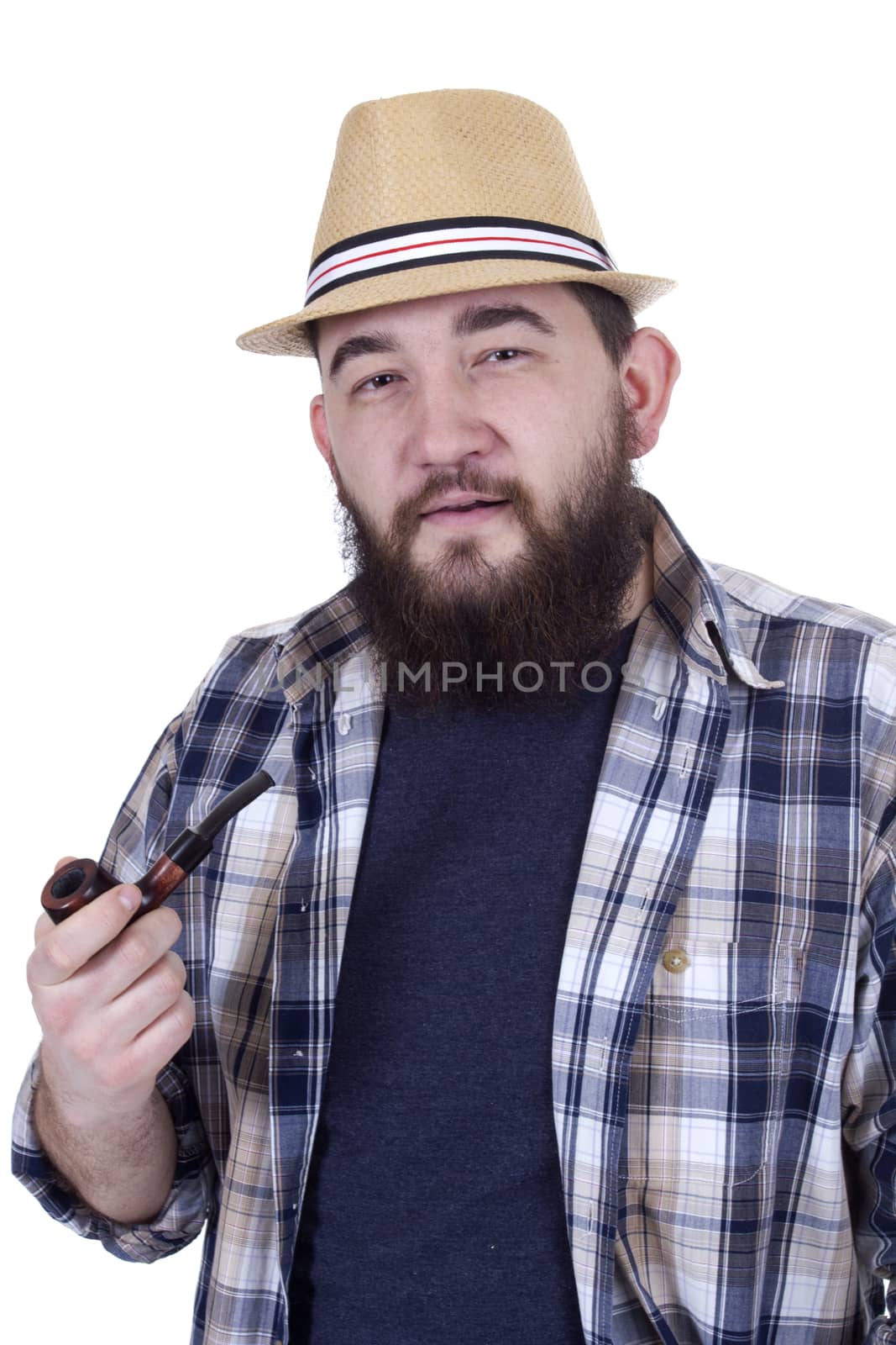 Handsome hipster smocking a pipe on a white background