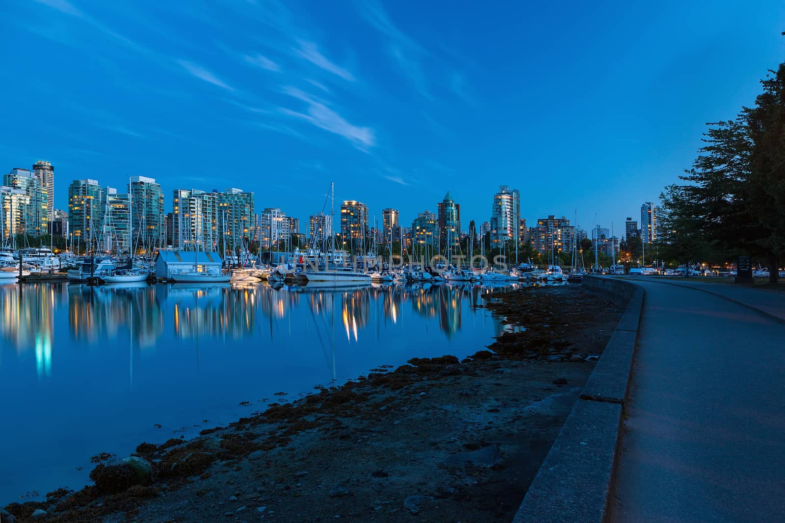 Vancouver British Columbia Canada skyline by the marina along Stanley Park seawall during evening blue hour