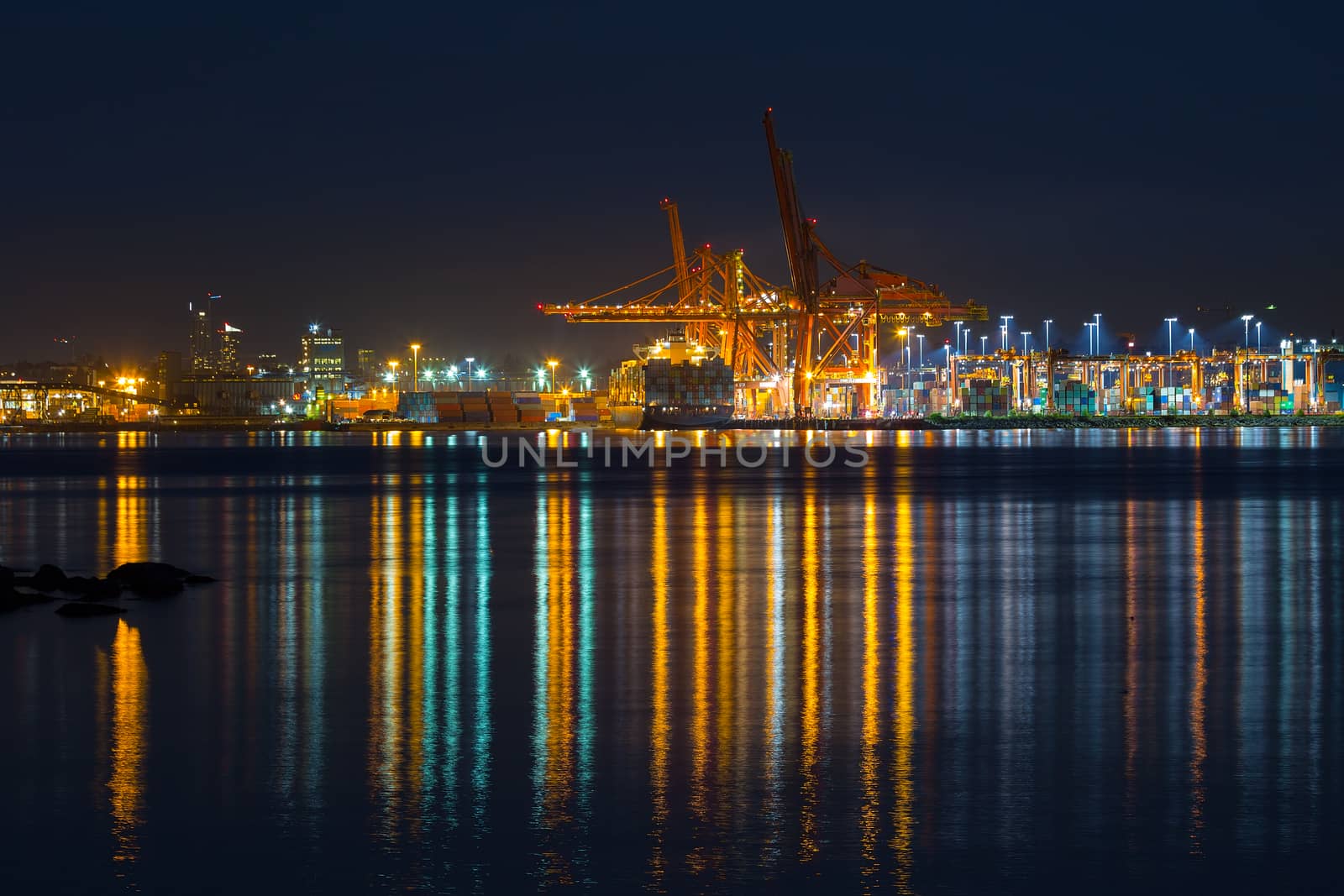 Port of Vancouver British Columbia Canada during evening blue hour night
