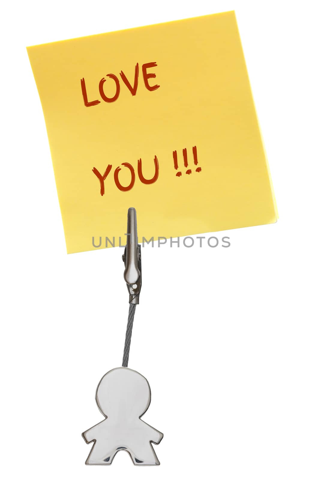 Man Figure Business Card Holder with clip holding a yellow paper note LOVE YOU; isolated on white background, customizable