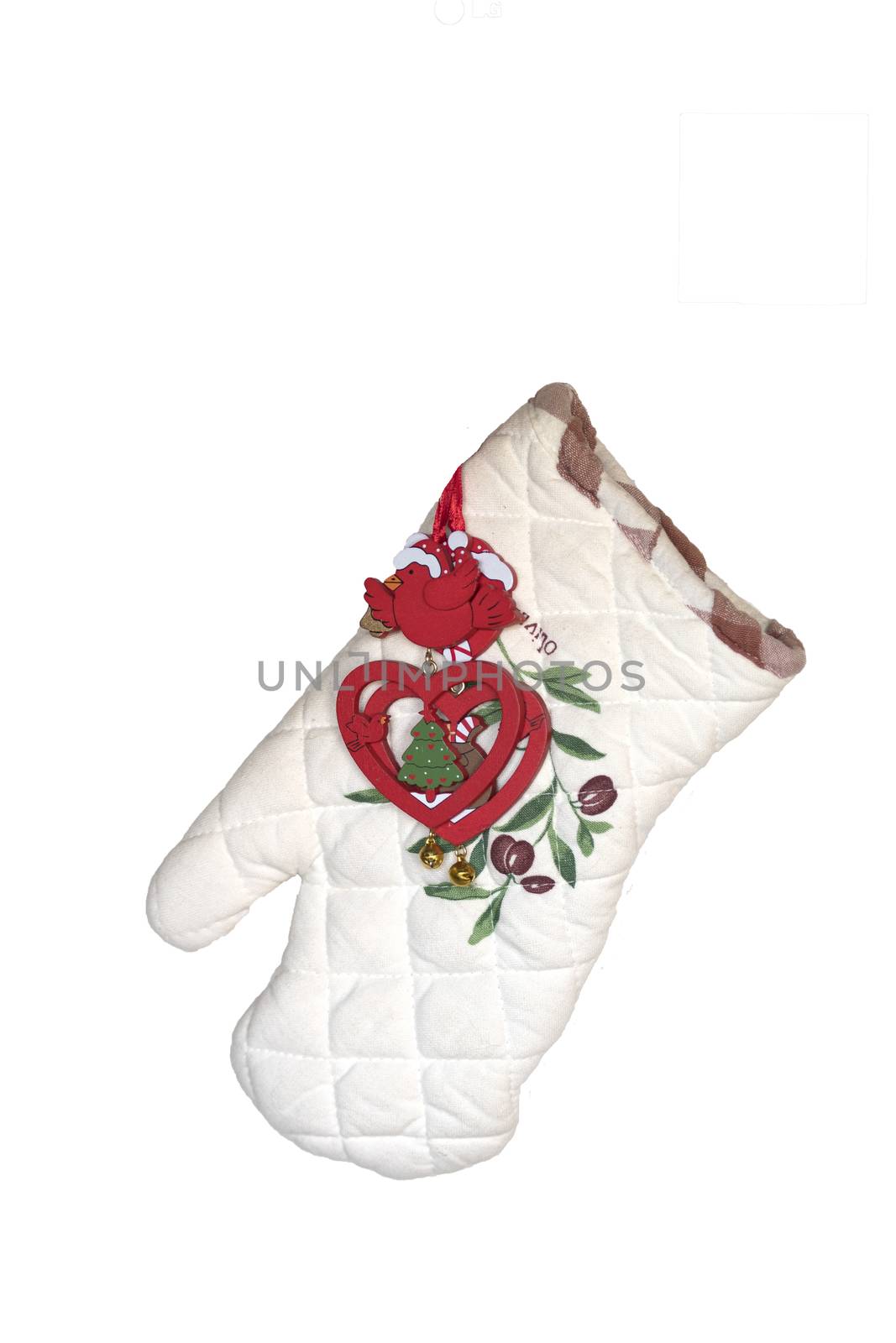 Kitchen glove with olives on white background wit red doves and  by asafaric