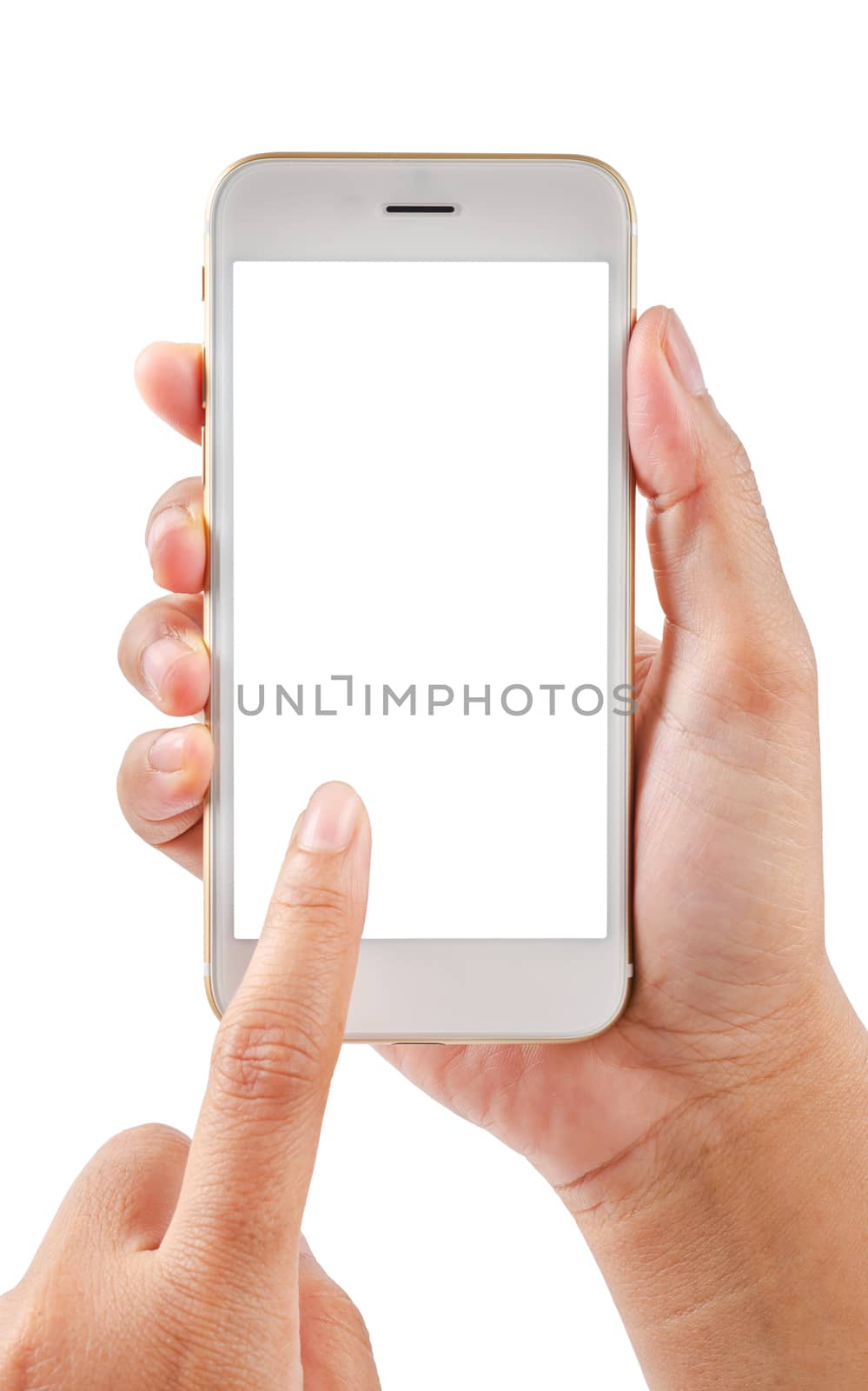 Hands holding and touching on mobile smartphone with blank screen Isolated on white background. Save clipping path.