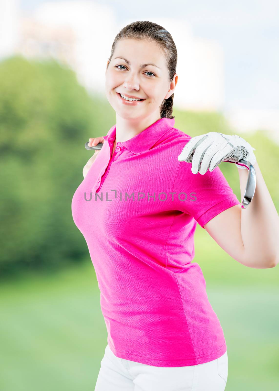 relaxed smiling woman golfer on a background of golf courses by kosmsos111