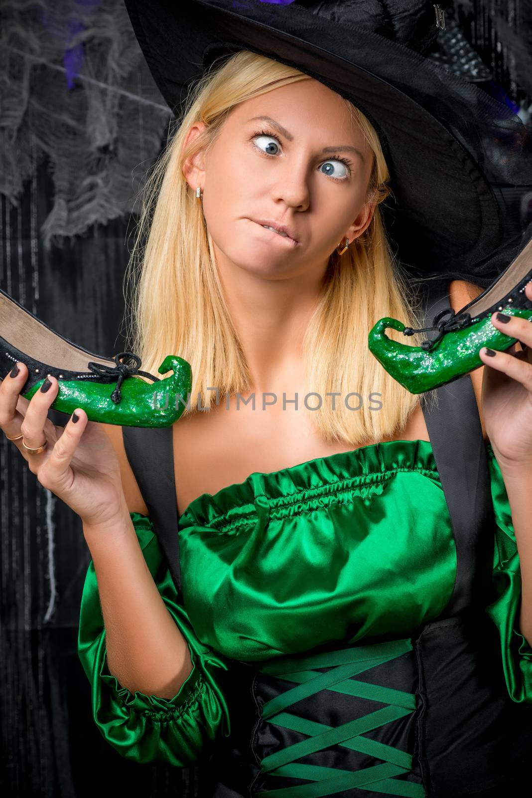 portrait of a funny witch with green shoes by kosmsos111