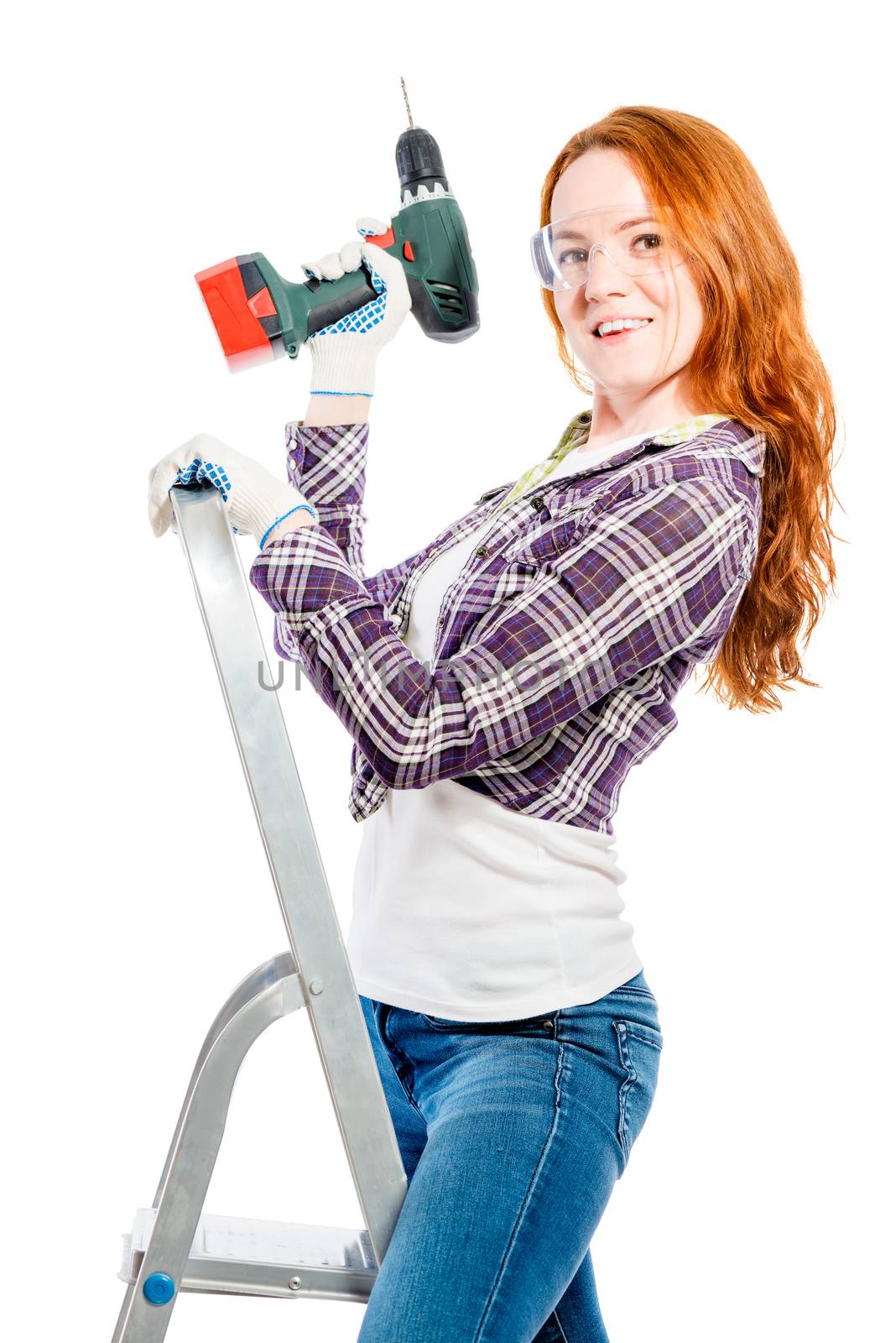 woman in plaid shirt on stepladder with tool isolated on white b by kosmsos111