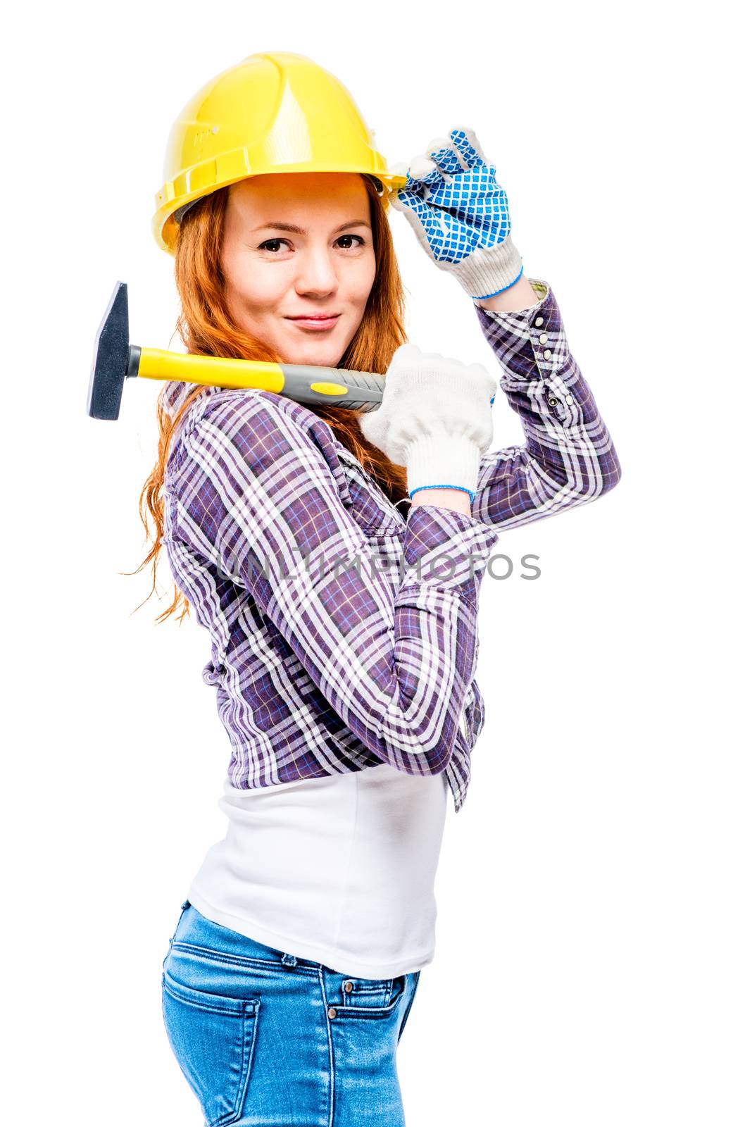 pretty fragile woman with a male profession on a white background