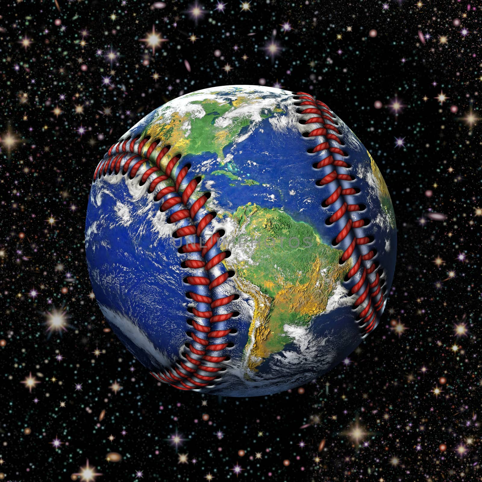 3D Illustration of the planet earth as a baseball with stars in the background.   