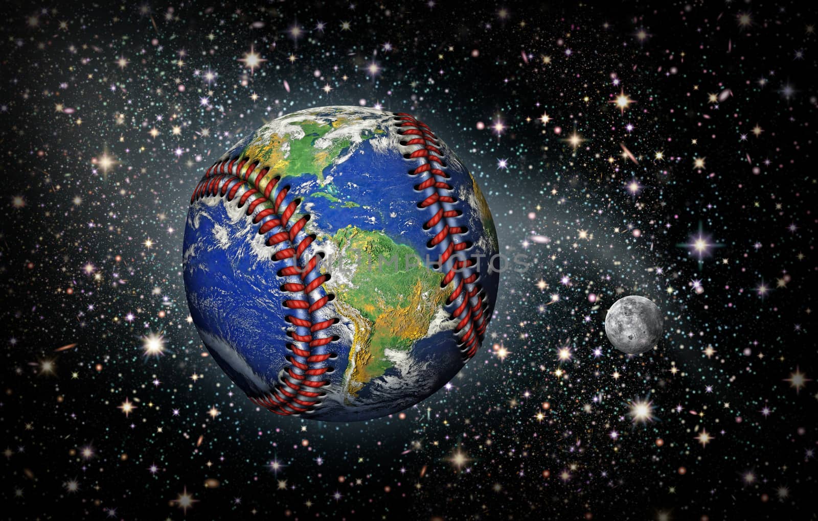 3D Illustration of the planet earth as a baseball with stars and the moon in the background.   