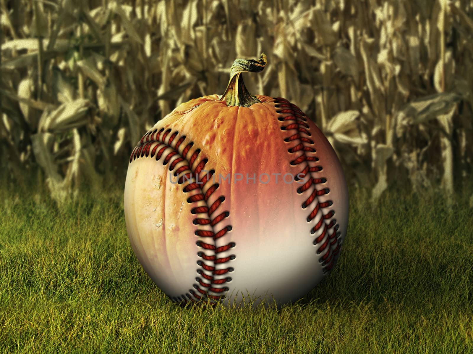 Photo Illustration of a half baseball half pumpkin with a corn field in the background.   